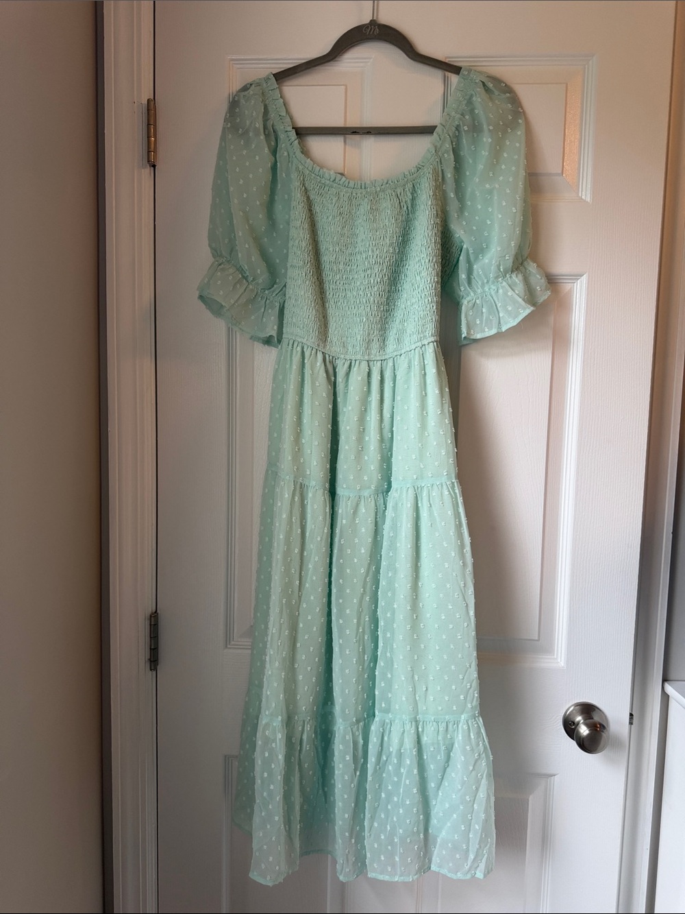 Petallush Green Floral Short Sleeve Ruffle Round Neck Smocked Tiered Maxi Dress
